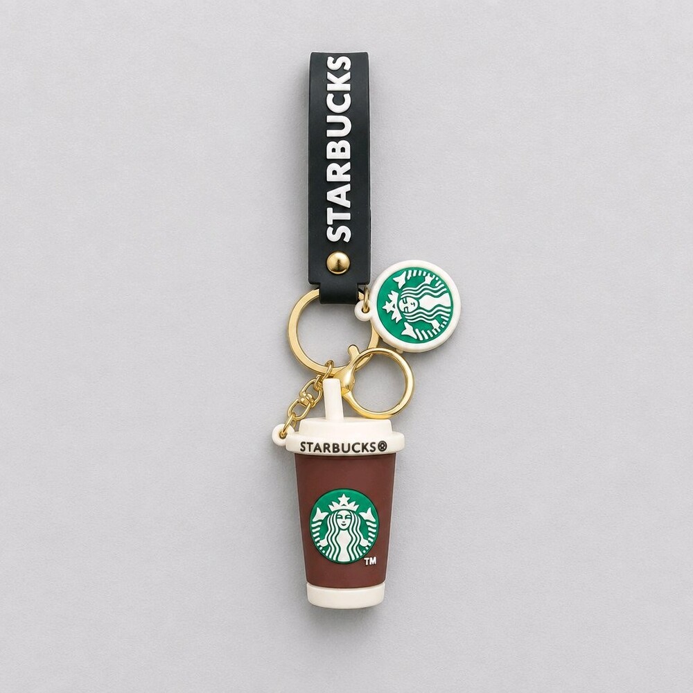 Starbucks Black Rubber Keychain with Coffee Cup Charm and Logo Charm